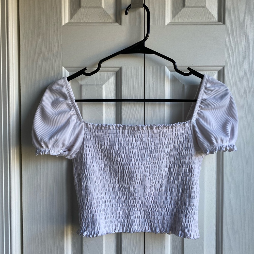 Wilfred Womens Presley White Puff Sleeve Ruched Crop Top Shirt Size Medium